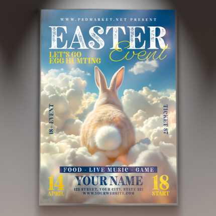 Easter event flyer design featuring colorful Easter eggs, bunnies, and spring flowers.