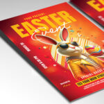 Festive flyer for Easter event with cute bunny illustrations and Easter eggs.