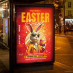 Bright and cheerful Easter flyer showcasing colorful egg hunt and springtime elements.