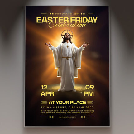 Solemn Easter Friday Flyer Template with cross and candle imagery.