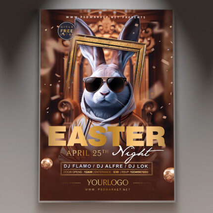 Easter night flyer with glowing Easter eggs, lanterns, and a magical night-time atmosphere.