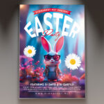 Easter party flyer with colorful pastel designs and festive Easter decorations.