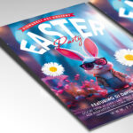 Fun-filled flyer design featuring Easter eggs, flowers, and playful bunny graphics.