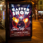 Editable flyer template for Easter performances with a lively, colorful design.