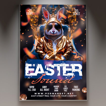 Easter party flyer with neon music graphics and vibrant colors.
