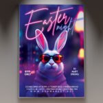 Neon Easter flyer featuring glowing eggs and vibrant colors.