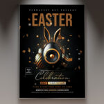 Gold Easter flyer design with elegant golden accents and Easter eggs.
