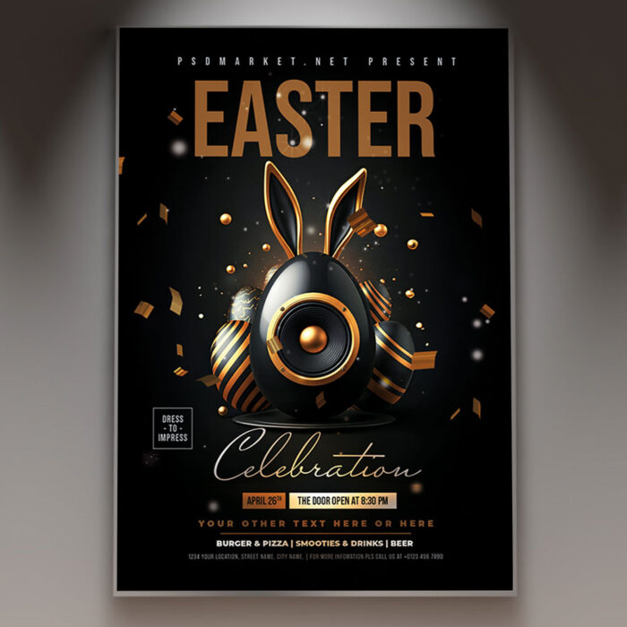 Gold Easter flyer design with elegant golden accents and Easter eggs.