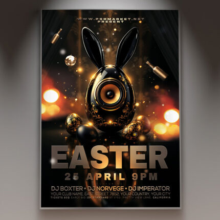 Gold Easter flyer design with luxurious gold accents and Easter-themed decorations.