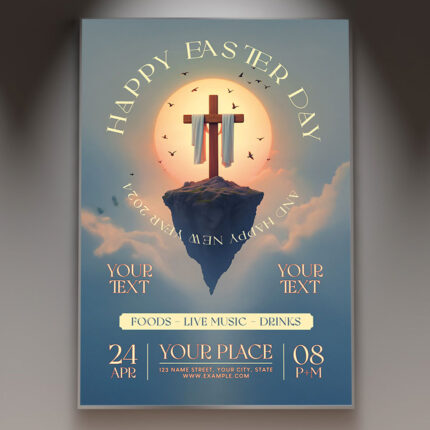 Colorful Happy Easter Day Flyer with bunny and eggs illustration