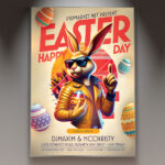 Happy Easter Flyer Template featuring colorful Easter eggs and spring flowers.