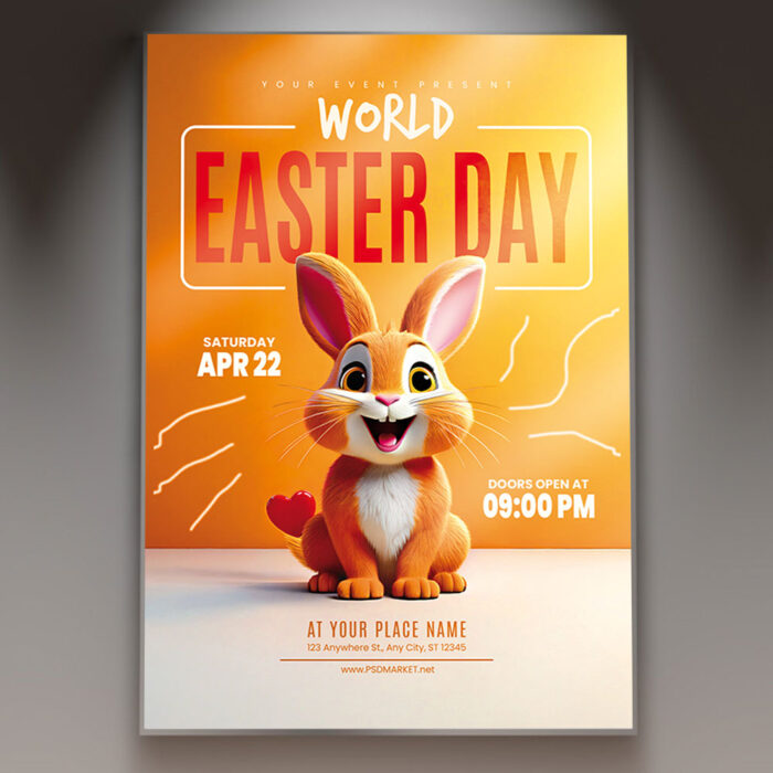 Colorful World Easter Day flyer template with vibrant eggs and festive elements