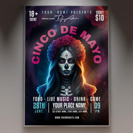 A vibrant Cinco de Mayo night party flyer featuring silhouettes of dancing people and festive neon accents.