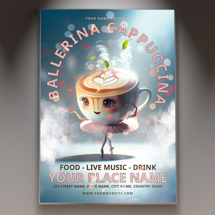 A Ballerina Cappuccina flyer template featuring graceful ballerina silhouettes and subtle café elements with a sophisticated design.