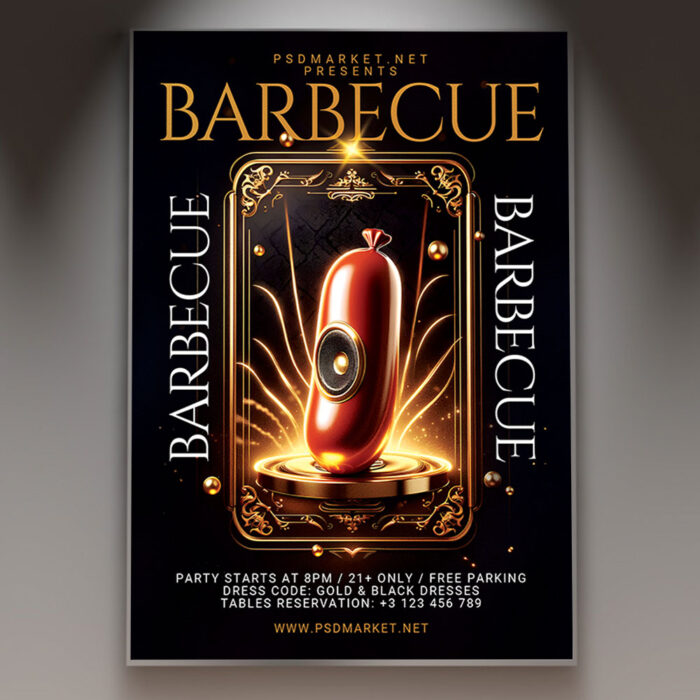 A visually appealing barbecue flyer template featuring grilled food and a festive outdoor setting.