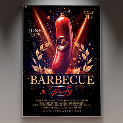 A lively barbecue party flyer featuring delicious food, drinks, and a festive atmosphere.