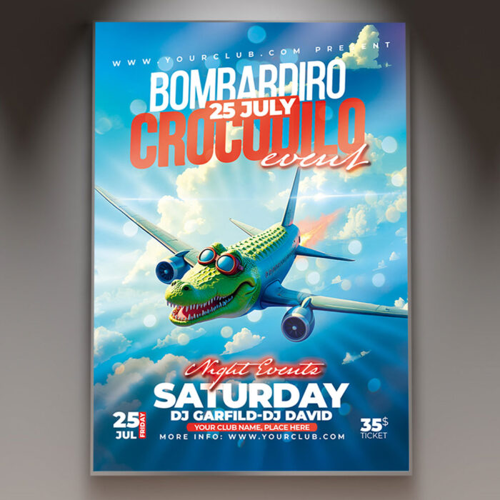A Bombardiro Crocodilo event flyer template featuring playful crocodile illustrations and a vibrant, high-energy design perfect for a fun celebration at any time.