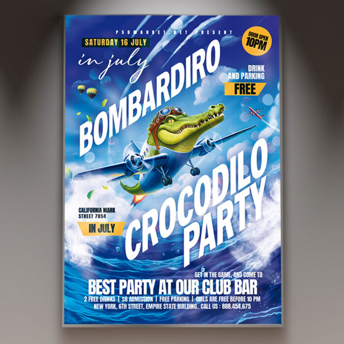 A Bombardiro Crocodilo flyer template featuring playful crocodile illustrations and a vibrant, energetic design.