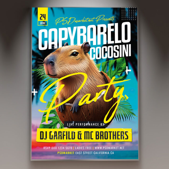 A Capybarelo Cocosini flyer template featuring charming capybara illustrations and a soft, inviting design.
