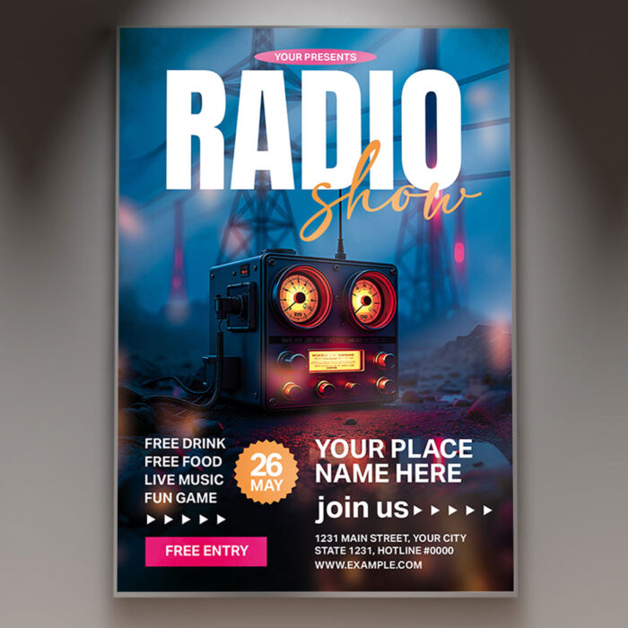 A Radio Show 2025 flyer template featuring modern radio-themed imagery and a bold, energetic design perfect for promoting audio entertainment in the coming year.