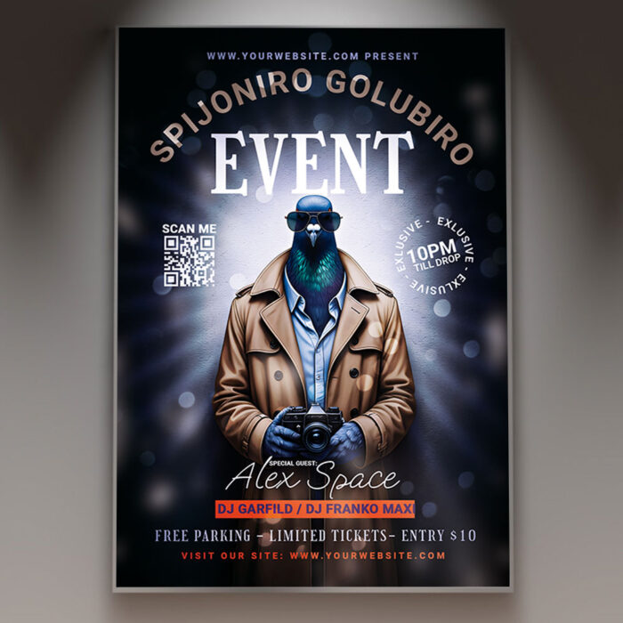 A Spijoniro Golubiro event flyer template featuring abstract and intriguing design elements suitable for a mysterious event.