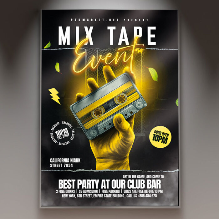 A Mixtape flyer template featuring a dynamic design with urban aesthetics, bold typography, and abstract soundwave graphics, perfect for promoting a new music release.