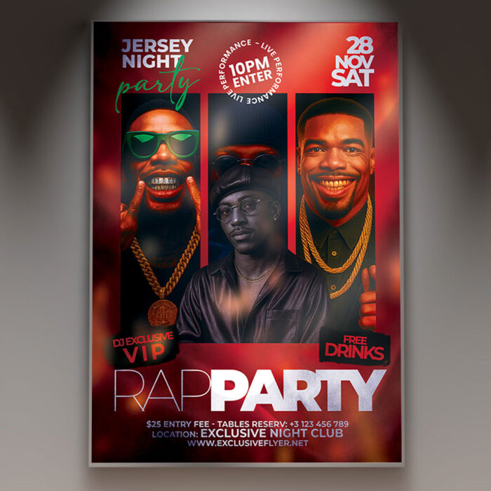 A Rap Party flyer template featuring a dynamic design with a glowing microphone, large speakers, and graffiti-inspired text, set against an urban backdrop, perfect for a hip-hop event.