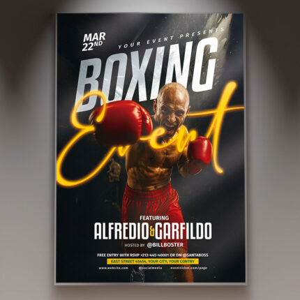 A Boxing Event flyer template showcasing a pair of boxing gloves in a dramatic spotlight, set against a dark, intense background with subtle grit and energy, conveying a powerful fight night.