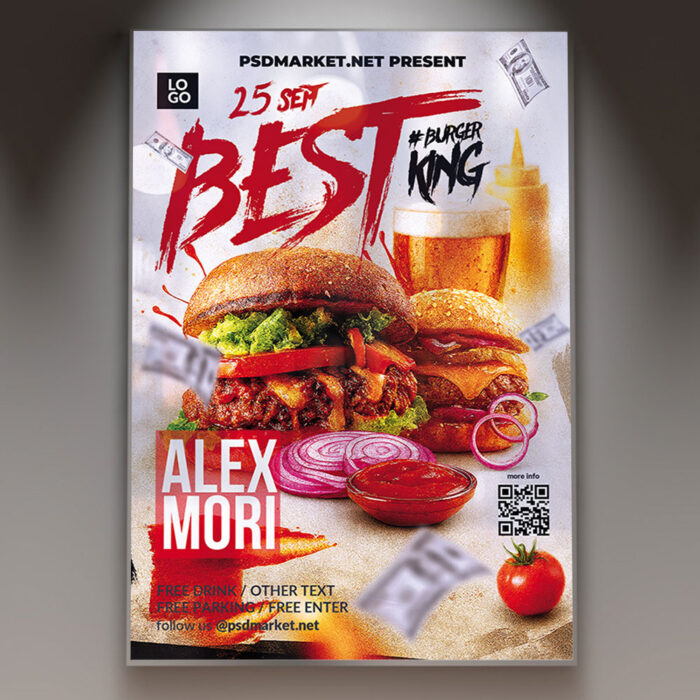 A Burger & Fast Food flyer template featuring a perfectly grilled, juicy burger with fresh toppings, surrounded by crispy fries, set against a vibrant, appetizing background.