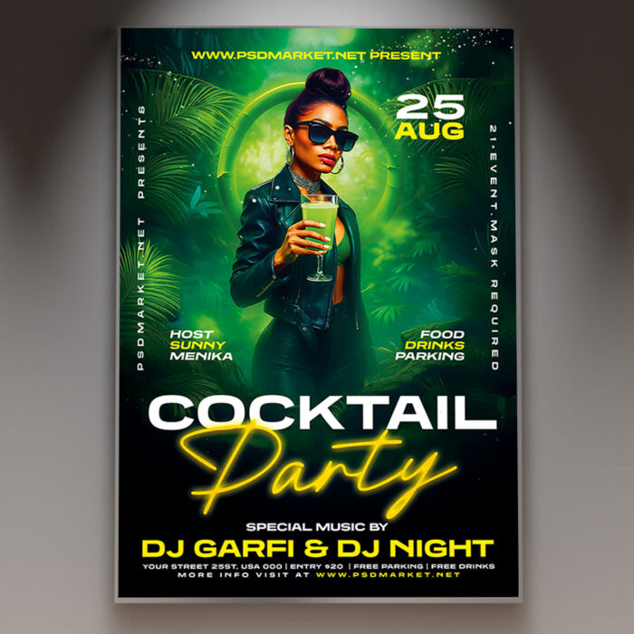 A Cocktail Party Night flyer template showcasing a sophisticated martini glass with a vibrant drink, dynamic light reflections, and a blurred, upscale background, ideal for an evening event.