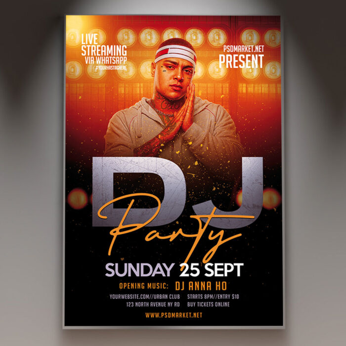 A DJ Party flyer template featuring a silhouette of a DJ at turntables with vibrant neon lights and pulsating sound waves, creating an energetic club atmosphere.