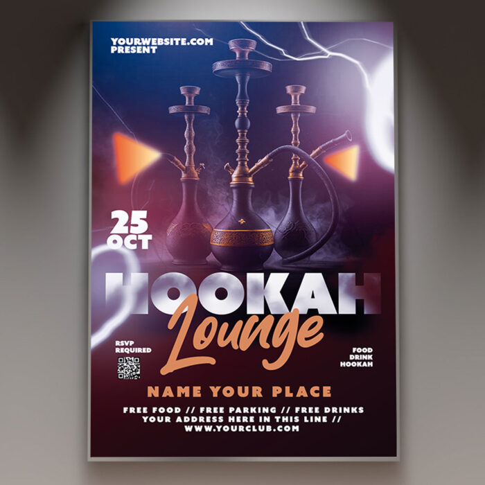 A Hookah Flyer Template featuring an elegant design with a glowing hookah pipe, wisps of smoke, and soft ambient lighting, creating a relaxed and inviting atmosphere for a lounge.