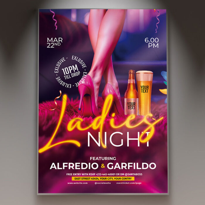 A Ladies Night flyer template featuring a glamorous design with cocktail glasses, sparkling elements, and elegant silhouettes, set against a vibrant background, perfect for a special event for women.