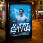 An exhilarating and attention-grabbing invitation template, ready for personalization for a "Star DJ Event," promising an unforgettable night of powerful beats, dazzling visuals, and a legendary performance.