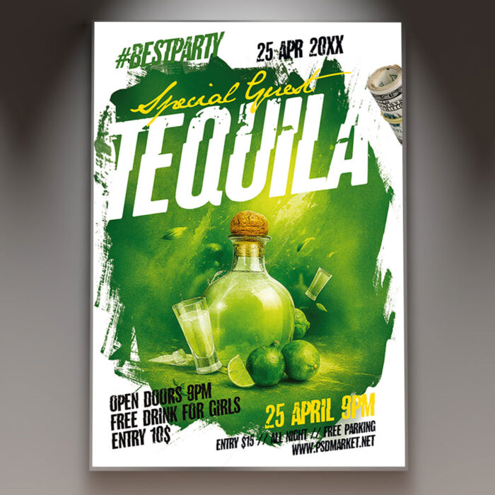 A Tequila Party flyer template featuring a vibrant, festive scene with a prominent tequila bottle, fresh limes, and salt, against a dynamic background hinting at a lively celebration.