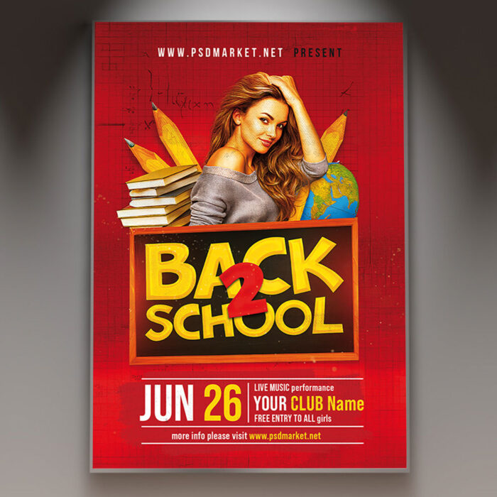 A Back 2 School 2025 flyer template featuring school supplies like notebooks and pencils, set against a dynamic and colorful background with subtle light effects, conveying an energetic party atmosphere.