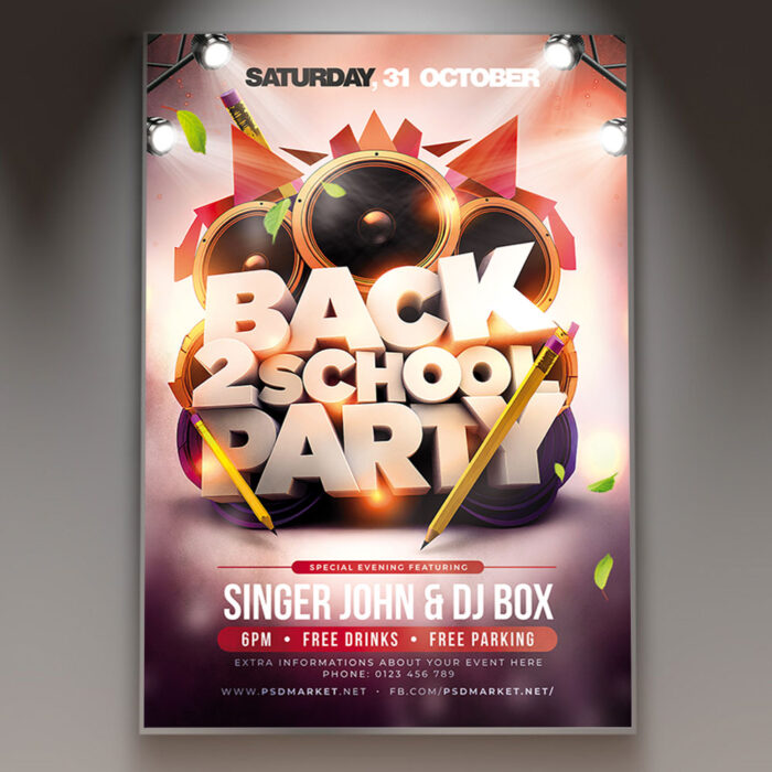 A Back 2 School flyer template featuring school supplies like notebooks and pencils, set against a dynamic and colorful background with subtle light effects, conveying an energetic party atmosphere.