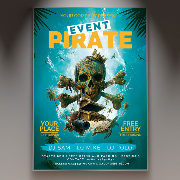 A Pirate Event flyer template featuring a skull and crossbones and an old treasure map, set against a weathered background with subtle light effects, conveying a classic adventurous pirate atmosphere.