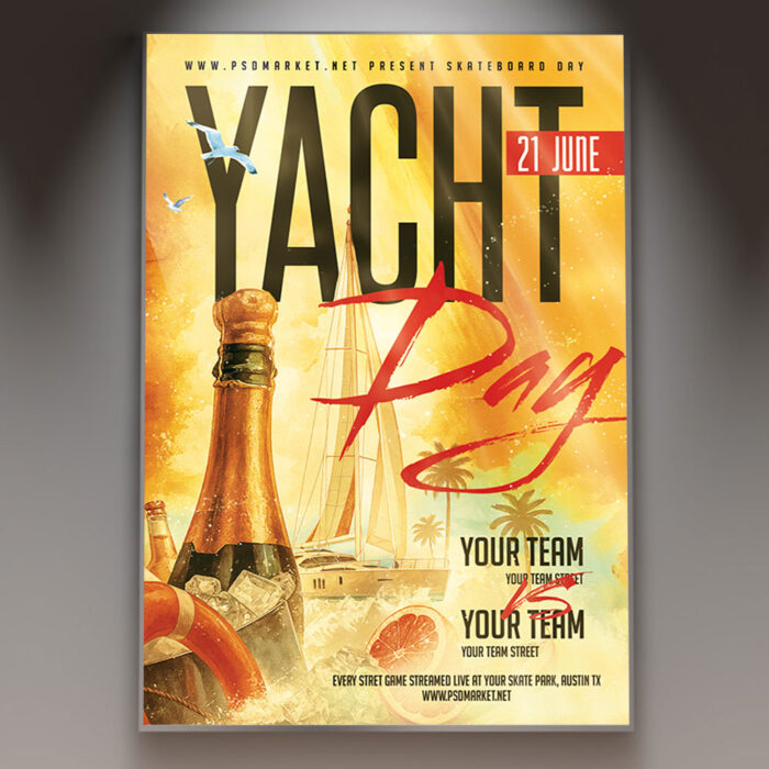 A Yacht Day flyer template featuring a pristine white yacht on a calm, blue ocean under a sunny sky, conveying luxury, relaxation, and an exclusive maritime experience.