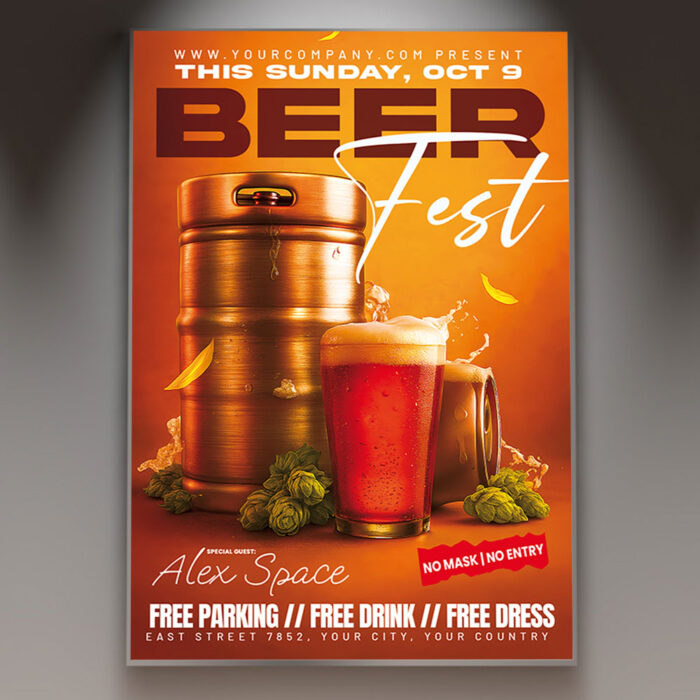 A Beer Fest flyer template featuring a frothy beer mug and hops, set against a rustic wooden background with subtle cozy lighting, conveying a classic festive atmosphere.