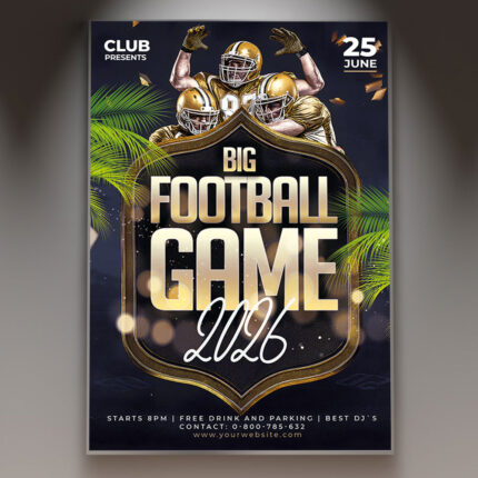 A Football Game flyer template featuring a football on a grassy field with goal posts, set against a classic stadium background with subtle light effects, conveying a professional and sporty atmosphere.