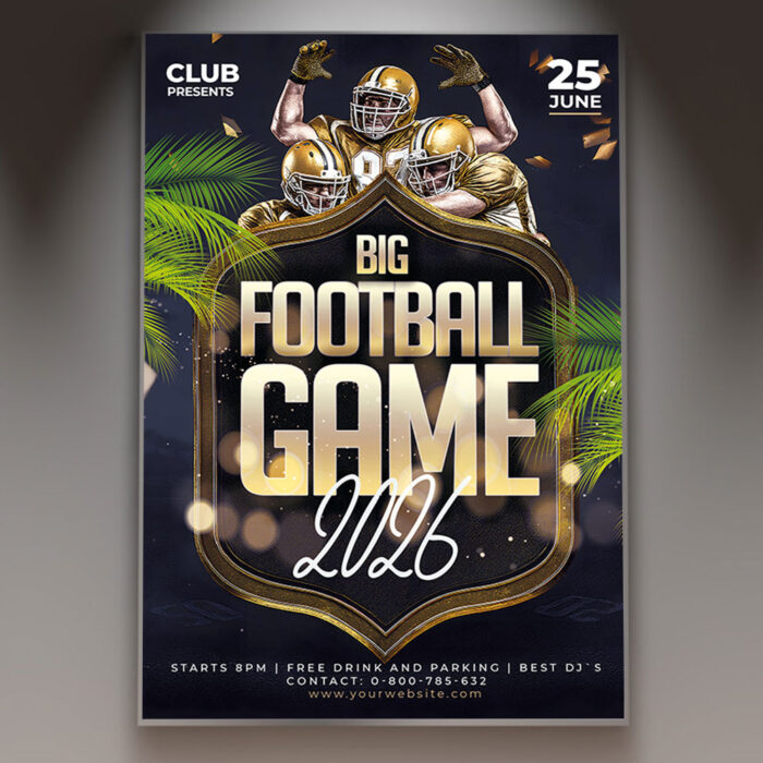 A Football Game flyer template featuring a football on a grassy field with goal posts, set against a classic stadium background with subtle light effects, conveying a professional and sporty atmosphere.