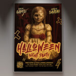 A Halloween Night Party Event flyer template featuring a ghostly figure with a haunted house, set against a dark and foggy background with subtle eerie lighting, conveying a professional and spooky atmosphere.