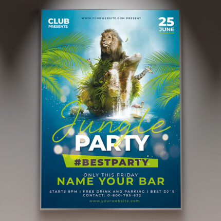 A Jungle Party flyer template featuring lush tropical leaves and a silhouette of a wild animal, set against a vibrant jungle background with subtle light effects, conveying a wild and exotic atmosphere.