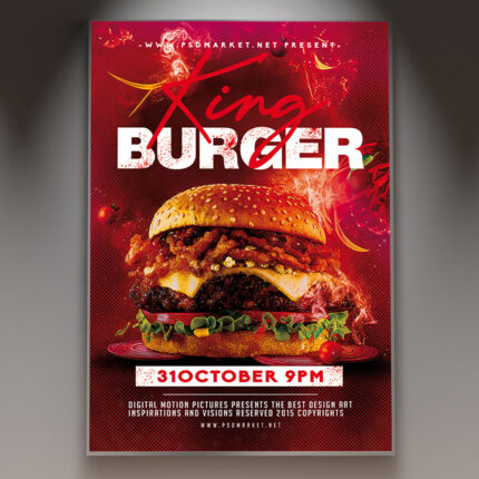 A King Burger Flyer PSD Template featuring a juicy, gourmet burger with all the fixings, set against a dark, rustic background with subtle light effects, conveying a professional and delicious atmosphere.