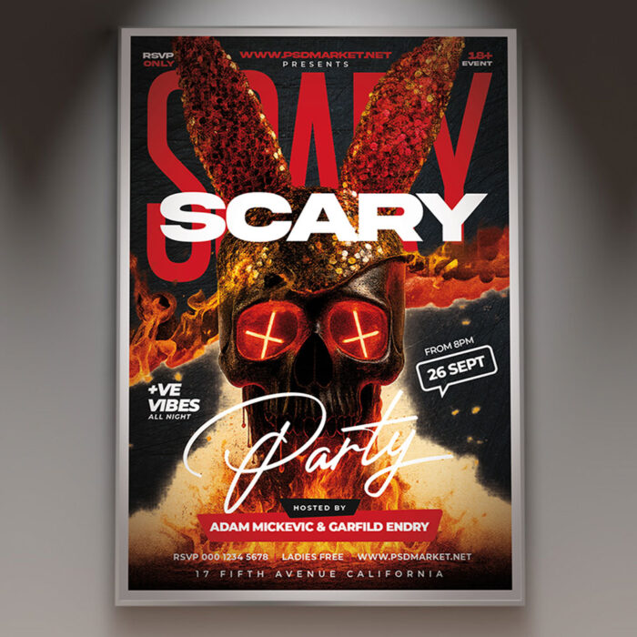 A Scary 2026 flyer template featuring a ghostly figure with a haunted house, set against a dark and foggy background with subtle eerie lighting, conveying a professional and spooky atmosphere.