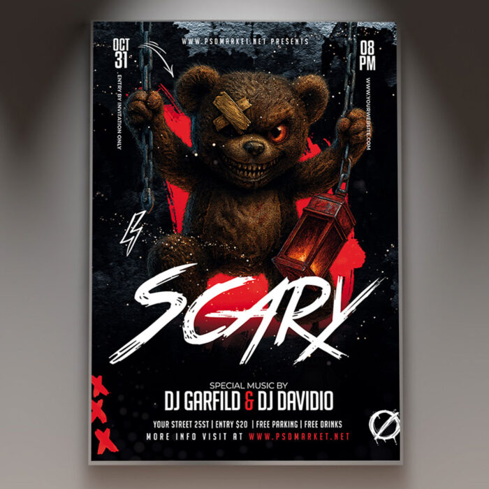 A Scary flyer template featuring a ghostly figure with a haunted house, set against a dark and foggy background with subtle eerie lighting, conveying a professional and spooky atmosphere.
