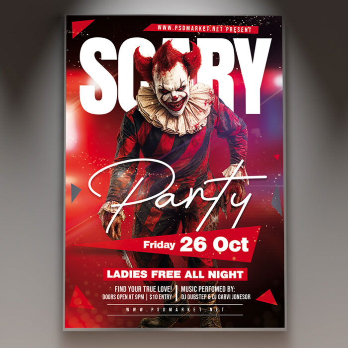 A Scary Party flyer template featuring a ghostly figure with a haunted house, set against a dark and foggy background with subtle eerie lighting, conveying a professional and spooky atmosphere.