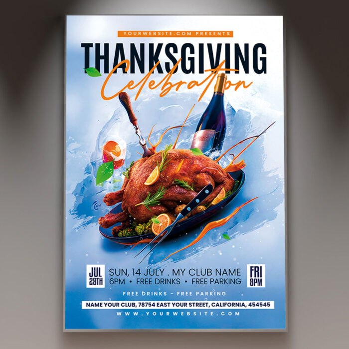 A Thanksgiving flyer template featuring a roasted turkey surrounded by fall leaves, set against a warm, rustic background with subtle cozy lighting, conveying a classic Thanksgiving atmosphere.