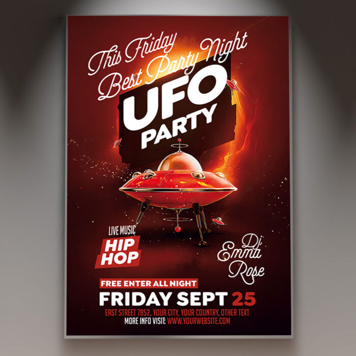 A UFO Party flyer template featuring a flying saucer with a glowing beam, set against a dark, starry sky with subtle cosmic effects, conveying a futuristic and mysterious sci-fi atmosphere.